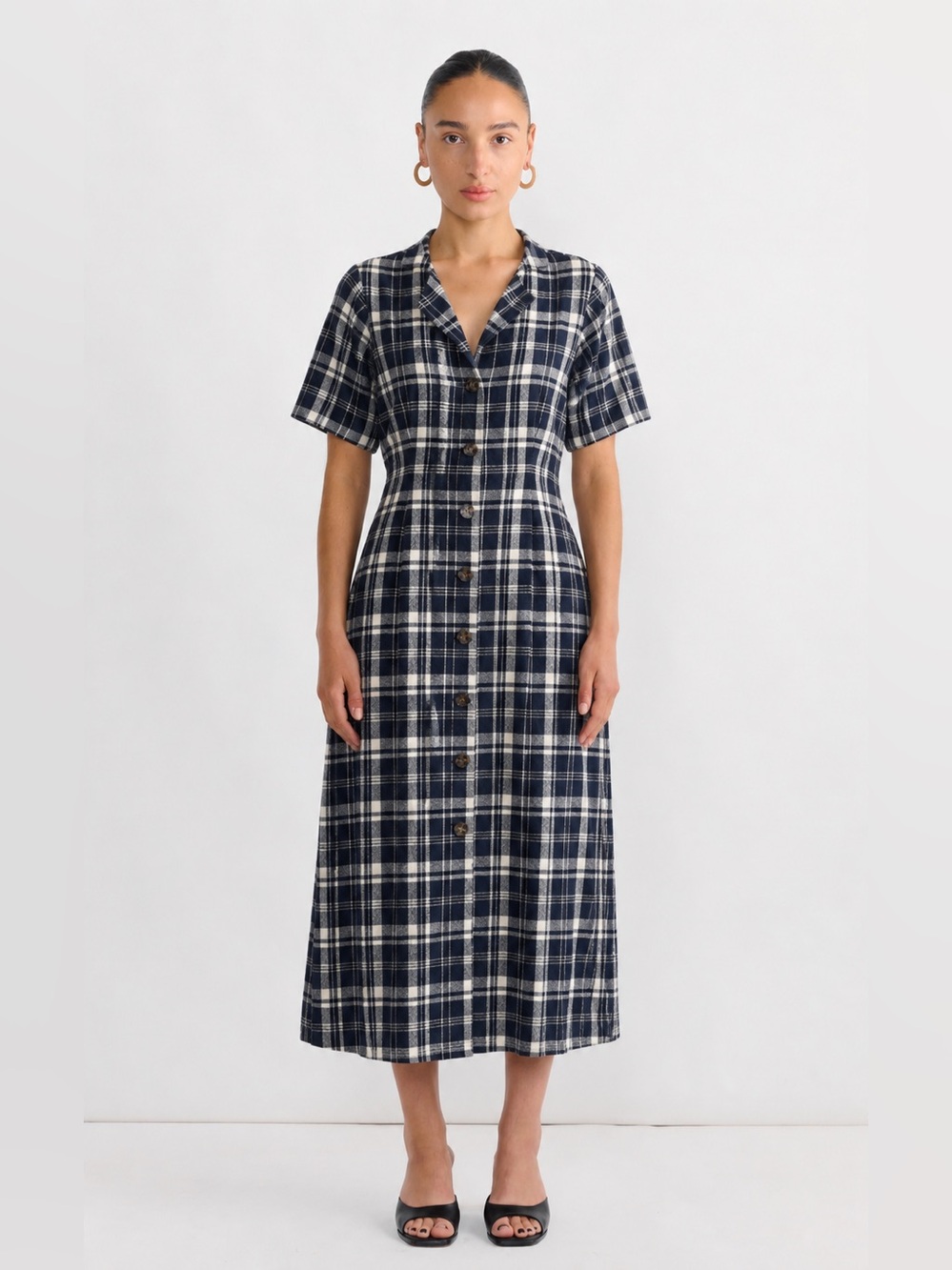 Moussy Linen Blend blue white plaid button-front midi dress size M